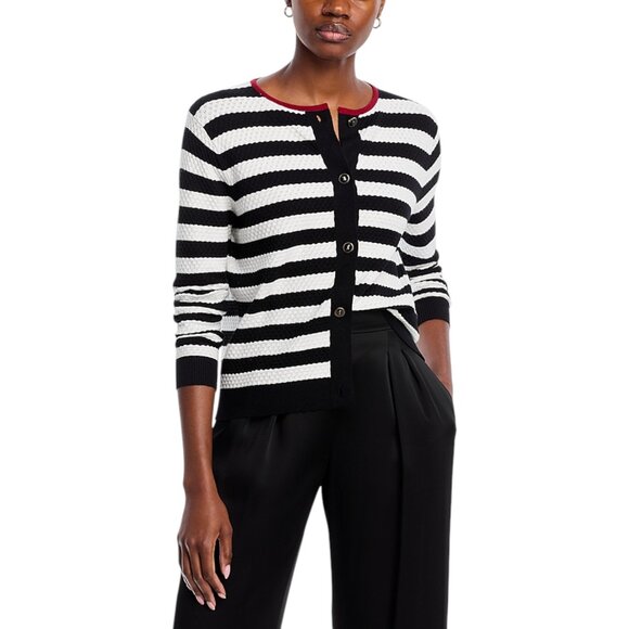 Vila Milano Sweaters - Textured Knit Button Up Sweater XL Black and White Stripes